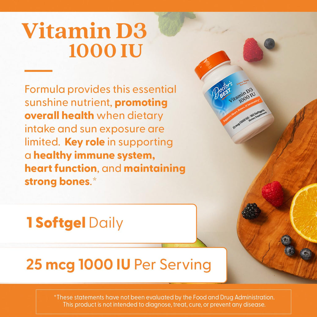 Doctor's Best Vitamin D3 1000 IU Softgels for Men & Women - Vitamin D Supplement for Immune System & Heart Health Support, 25 mcg per Serving, Vit D 3, Non GMO, Gluten & Soy Free - 180 Softgels