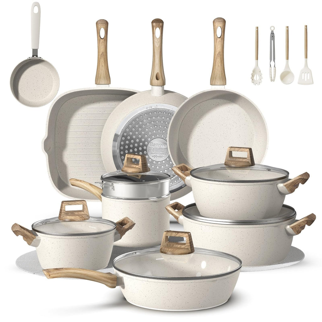 Bazova 25Pcs Pots and Pans Set Non Stick, Titanium-Reinforced Ceramic Cookware Set Non Stick, Non Toxic PFAS-Free Induction Ready, Long-Lasting Performance, Full Kitchen Set with 3 Casseroles