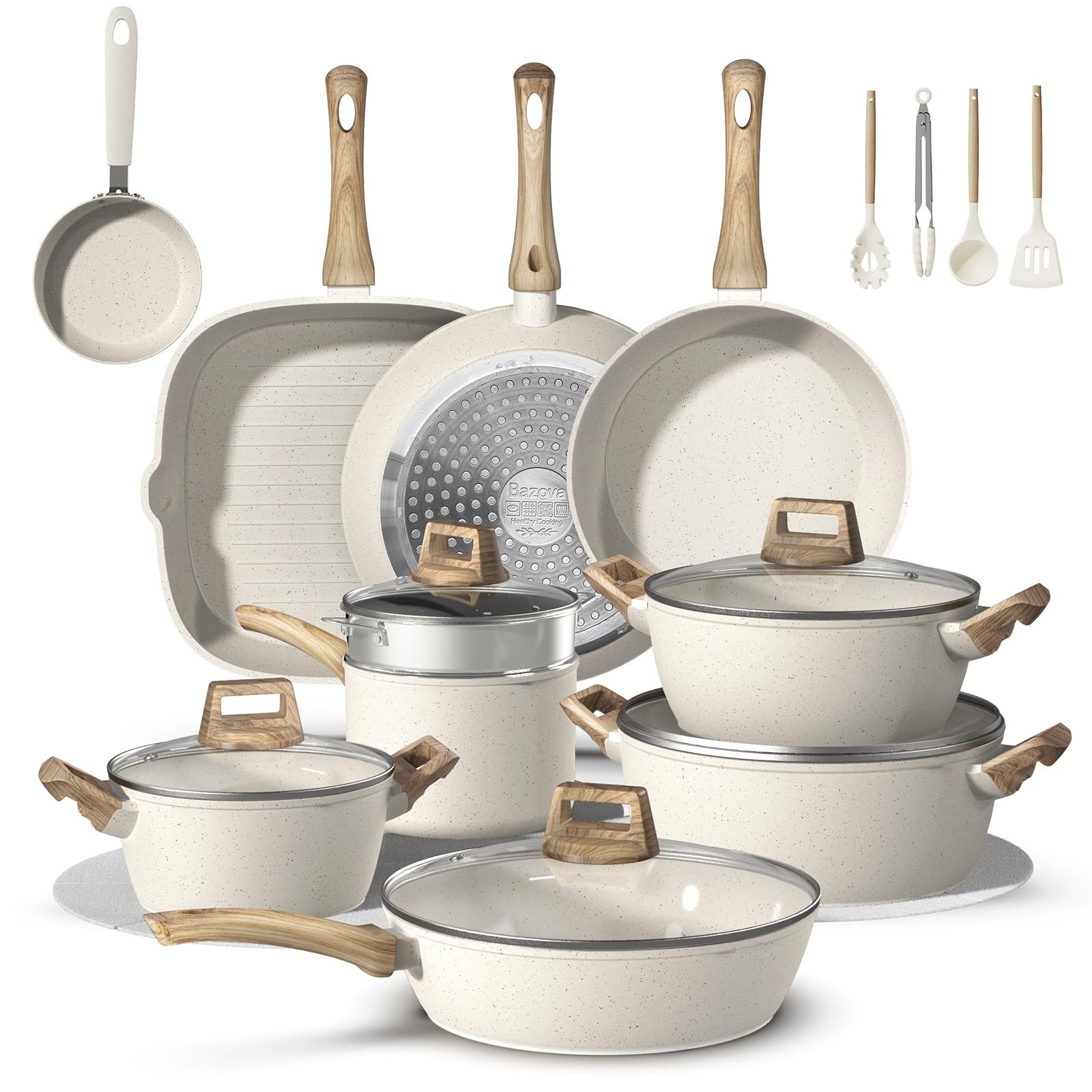 Bazova 25Pcs Pots and Pans Set Non Stick, Titanium-Reinforced Ceramic Cookware Set Non Stick, Non Toxic PFAS-Free Induction Ready, Long-Lasting Performance, Full Kitchen Set with 3 Casseroles