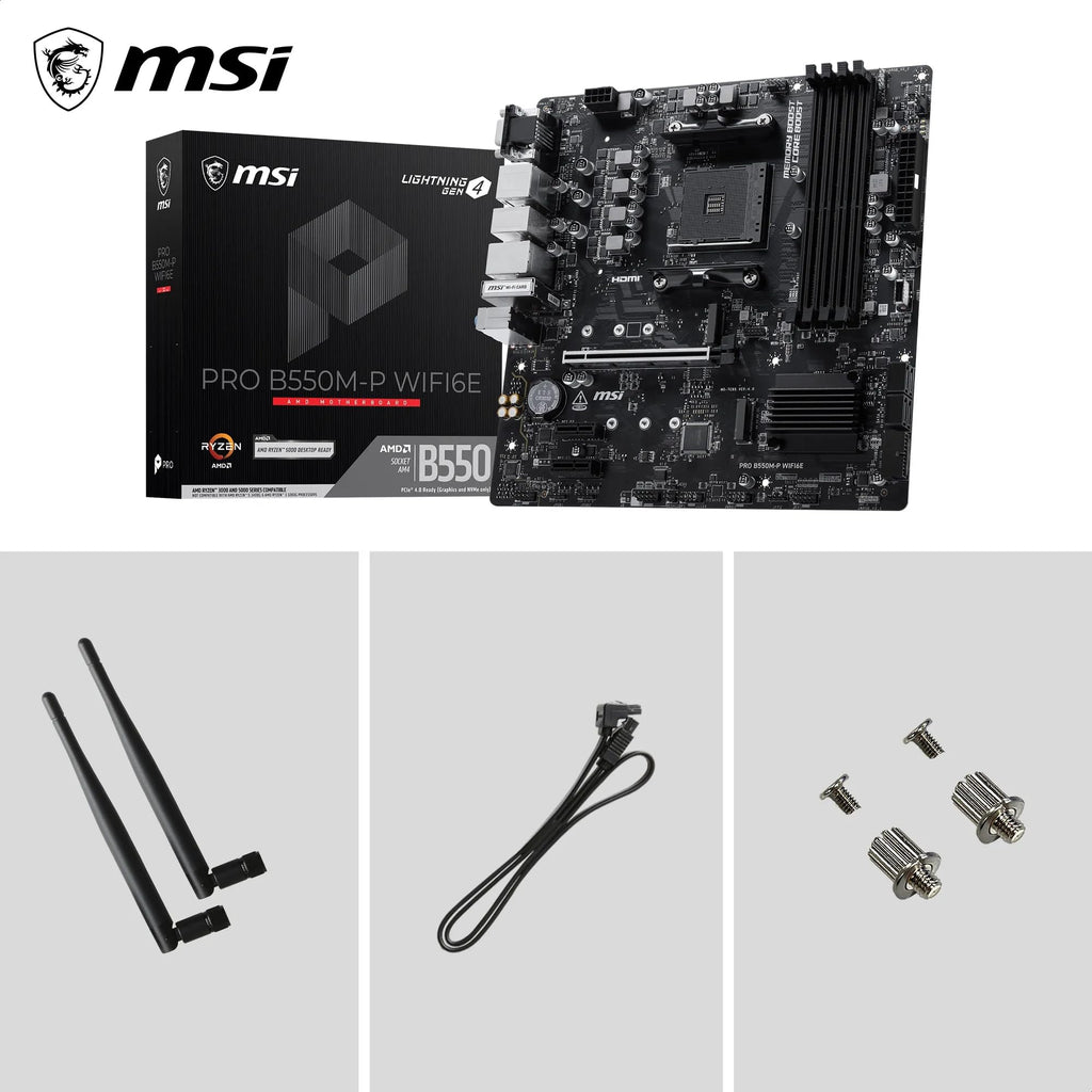 MSI PRO B550M-P WIFI6E ProSeries Motherboard (AMD Ryzen 5000 Series, AM4, DDR4, PCIe 4.0, SATA 6Gb/s, M.2, USB 3.2 Gen 2, HDMI/DP, Wi-Fi 6E, Bluetooth 5.2, mATX)