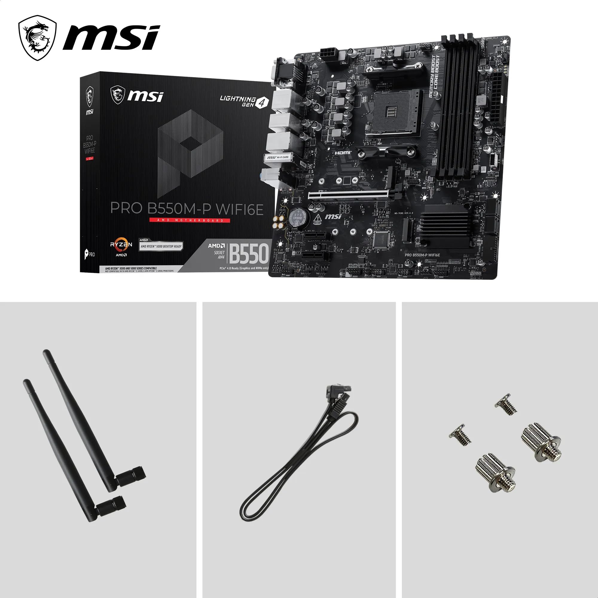 MSI PRO B550M-P WIFI6E ProSeries Motherboard (AMD Ryzen 5000 Series, AM4, DDR4, PCIe 4.0, SATA 6Gb/s, M.2, USB 3.2 Gen 2, HDMI/DP, Wi-Fi 6E, Bluetooth 5.2, mATX)