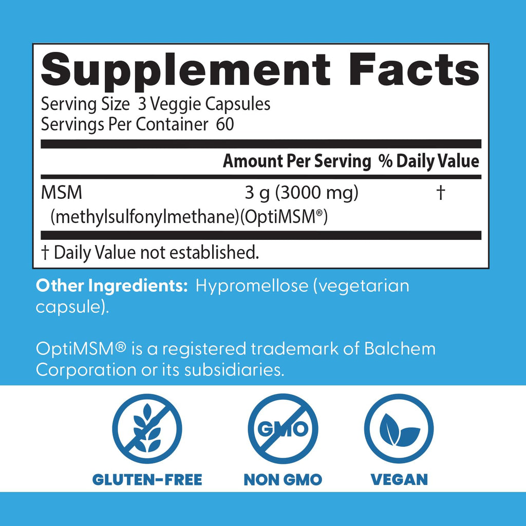 Doctor's Best MSM Supplement Capsules for Men & Women - Supports Hair, Skin, Nails, & Bone Health, Delivers Beneficial Sulfur with OptiMSM, Gluten Free, Non GMO - 180 Caps