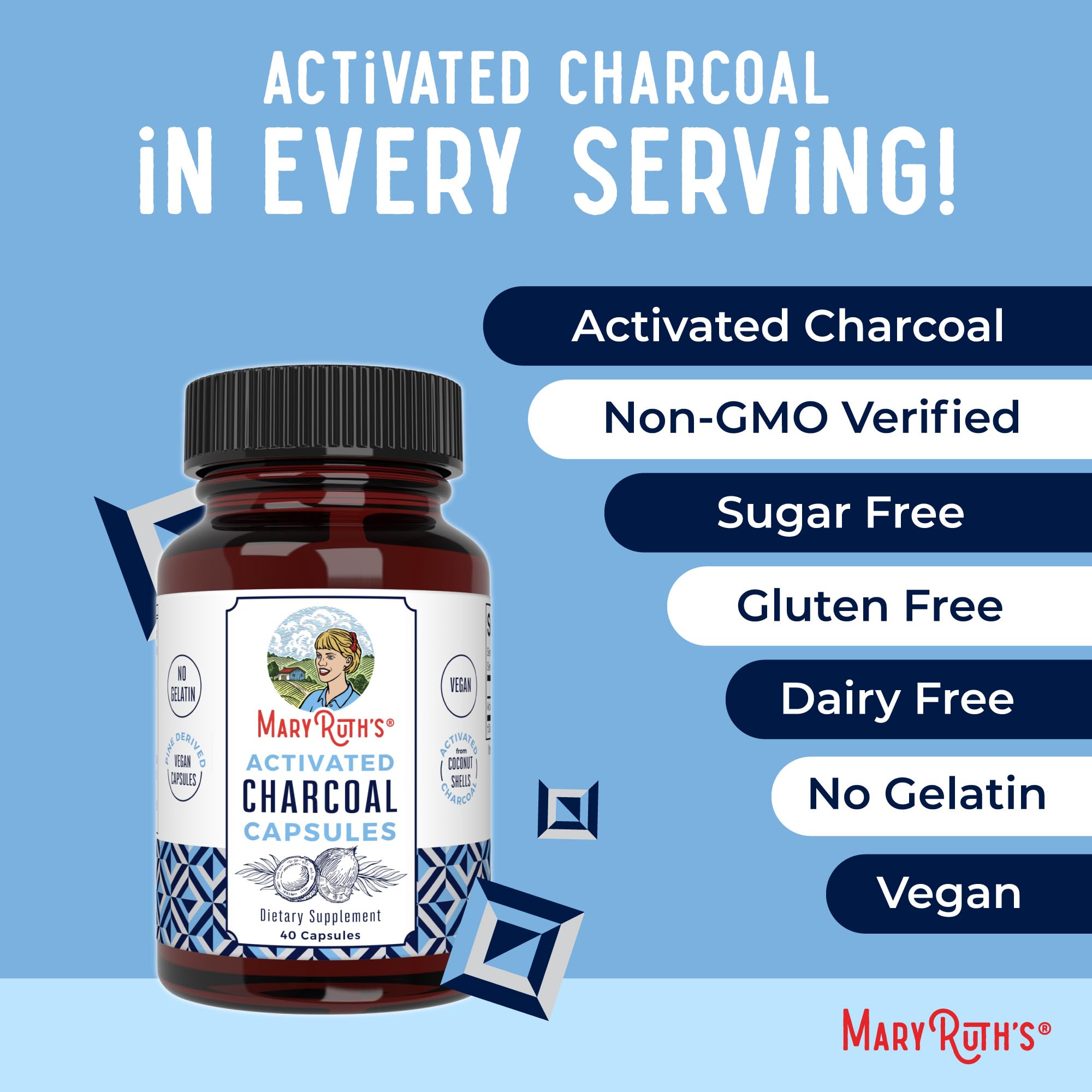 MARYRUTH'S Activated Charcoal Capsules, 950 mg, Non-GMO, Vegan, 40 Count