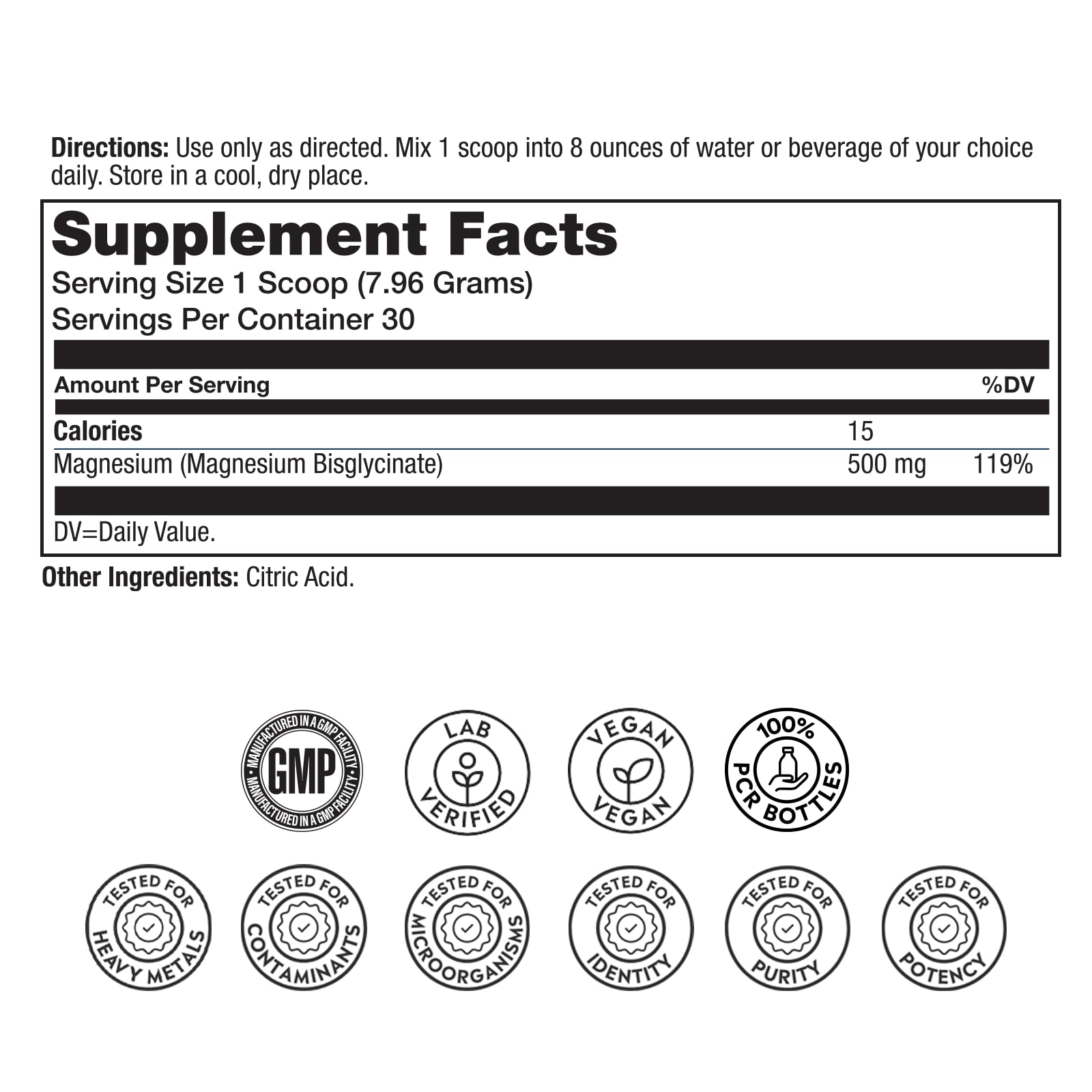 SOLARAY Magnesium Glycinate 500 mg Powder, Unflavored, 8.4 oz