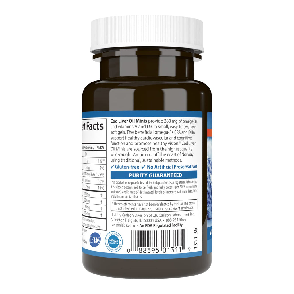 Carlson Cod Liver Oil Minis, 280 mg, from Norway, 100 Mini Softgels