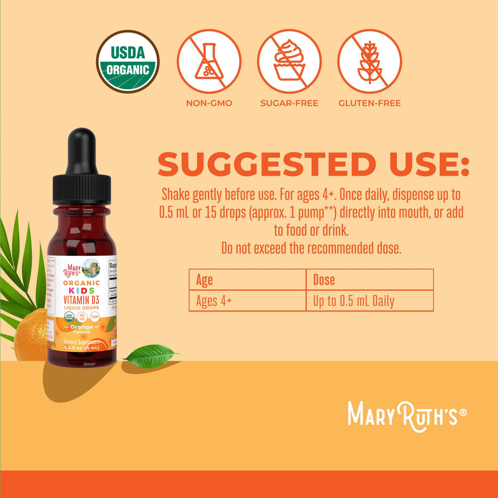 MARYRUTH'S USDA Organic Kids Vitamin D3 Liquid Drops, Orange, 0.5 oz