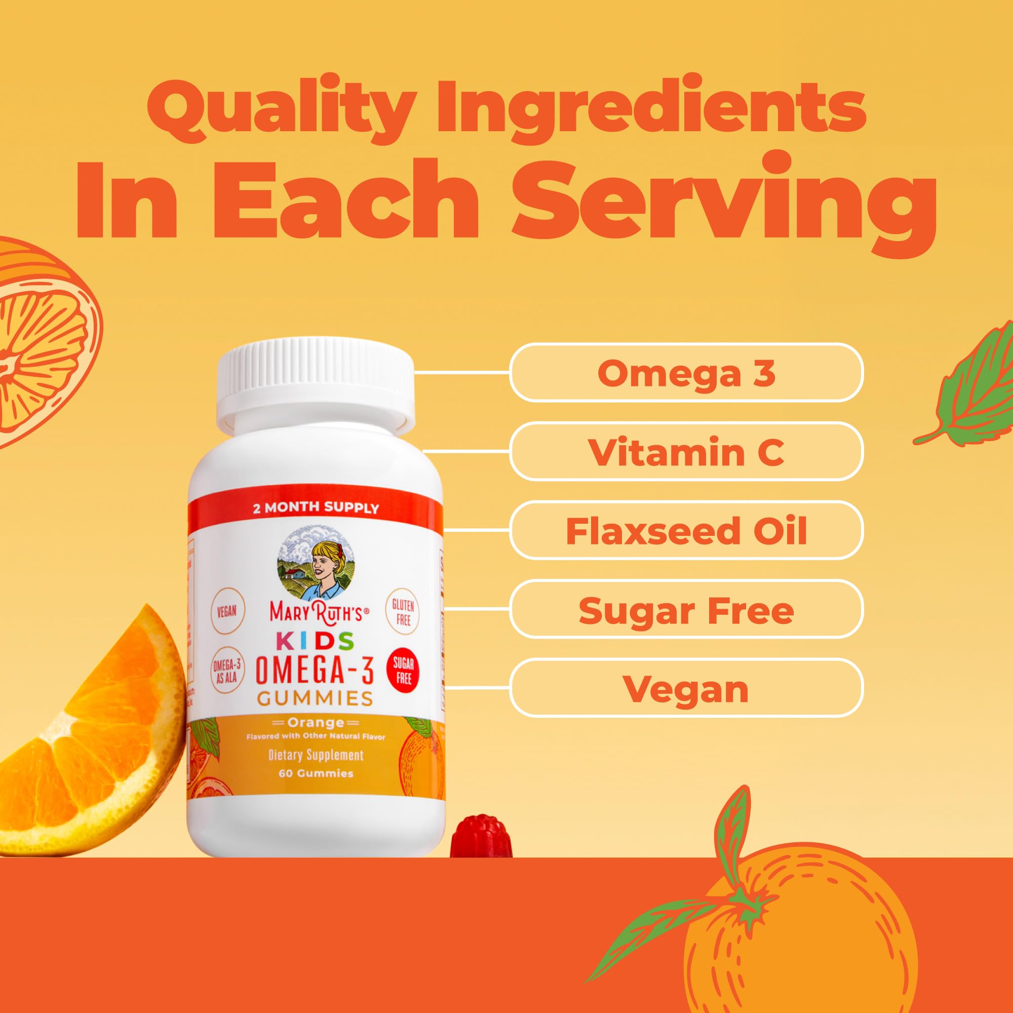 MARYRUTH'S Vegan Omega 3 Gummies for Kids, No Fish Taste, 2 Month Supply
