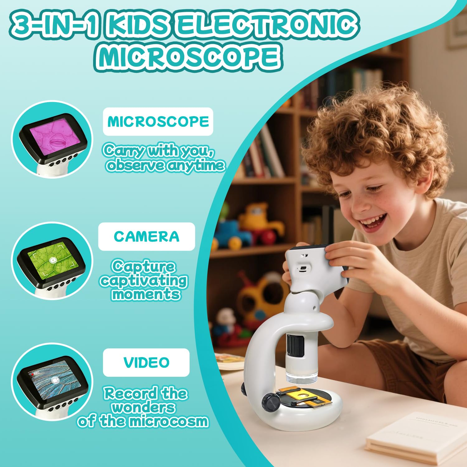GEMUFO Microscope for Kids with 12 Slides, 200X-1000X,2.4" Screen Digital Handheld Kids Microscope Kit, Portable Pocket Removable Miniscope Science Toys Gifts for for 3 4 5 6 7 8 9 10 11 12 Year Old