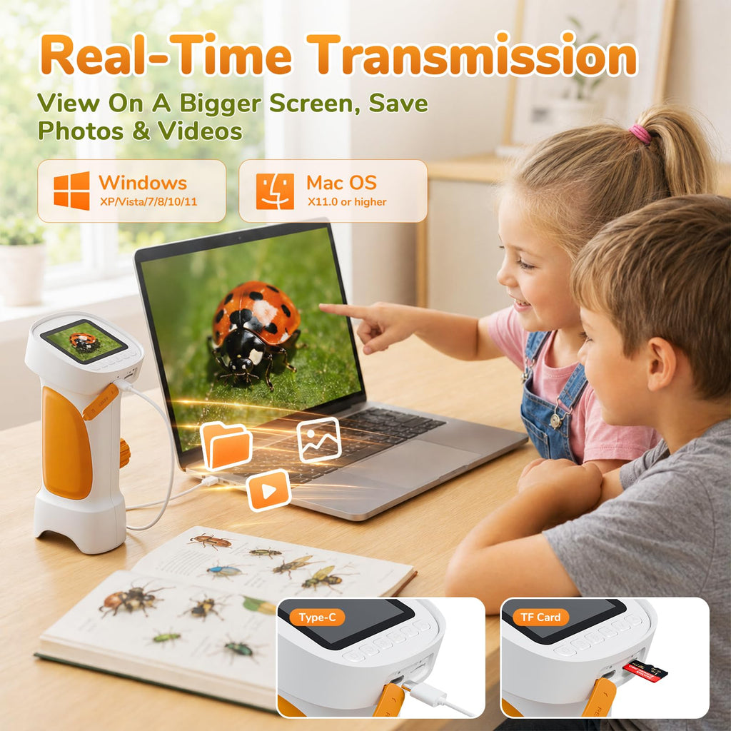 1000X Handheld Digital Microscope for Kids with 2.4" IPS Screen (Orange)