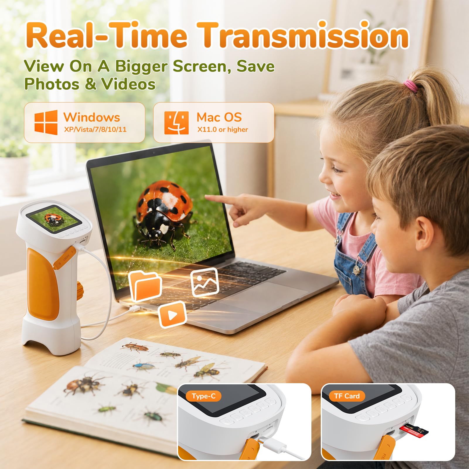 1000X Handheld Digital Microscope for Kids with 2.4" IPS Screen (Orange)