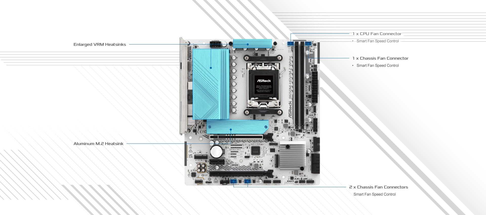 ASRock B650M-HDV M.2 White Micro-ATX AM5 Motherboard, AMD Ryzen 9000/8000/7000, PCIe 5.0 x16, DDR5 8200+(OC), Dual M.2 (Gen5/Gen4), USB 3.2 Type-C, 2.5G LAN