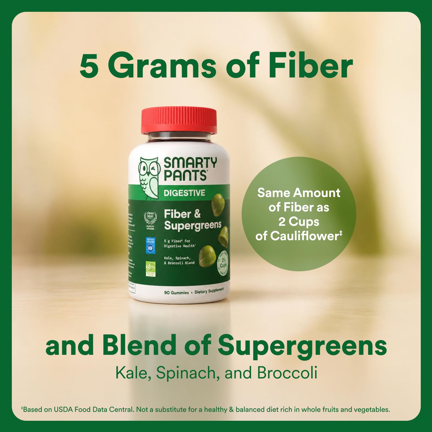 SmartyPants Fiber & Super Greens Gummies, Broccoli, Spinach, & Kale Blend to Support Gut Health, Prebiotic Fiber Gummies for Adults, Gluten Free, White Grape & Apple Flavor, 90 Count (30 Day Supply)