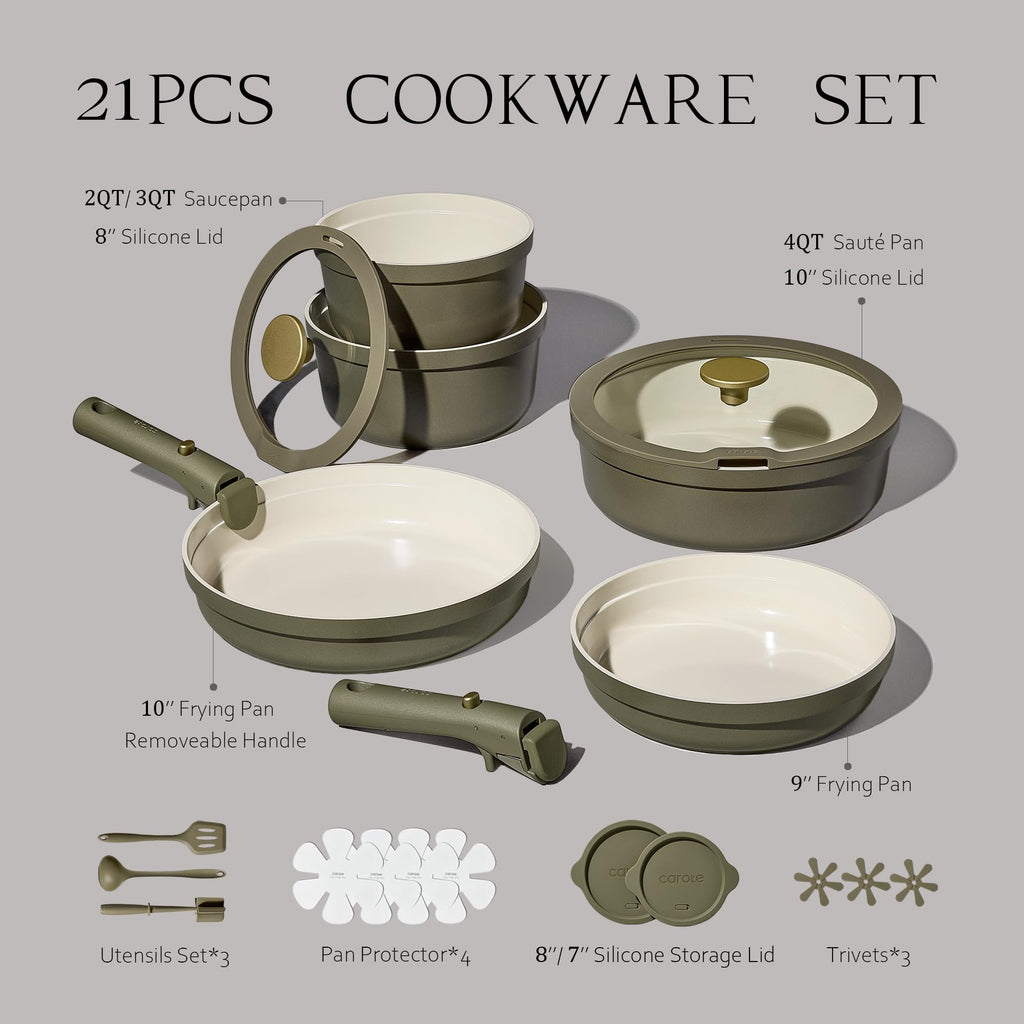 CAROTE 21pcs Ceramic Cookware Sets, Nonstick Pots and Pans Set Non Toxic