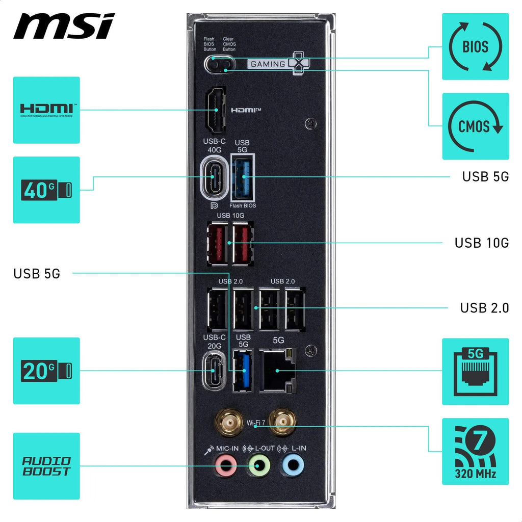 MSI X870E Gaming Plus WiFi Motherboard, ATX - Supports AMD Ryzen 9000/8000 / 7000 Processors, AM5-60A SPS VRM, DDR5 Memory Boost 8200+ MT/s (OC), PCIe 5.0 x16 & 4.0 x4, M.2 Gen5, Wi-Fi 7, 5G LAN