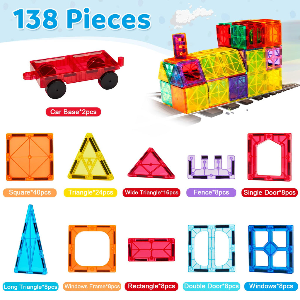 Ryoichi 138PCS Magnetic Tiles Set with 2 Cars for Kids Ages 3-9+ Years