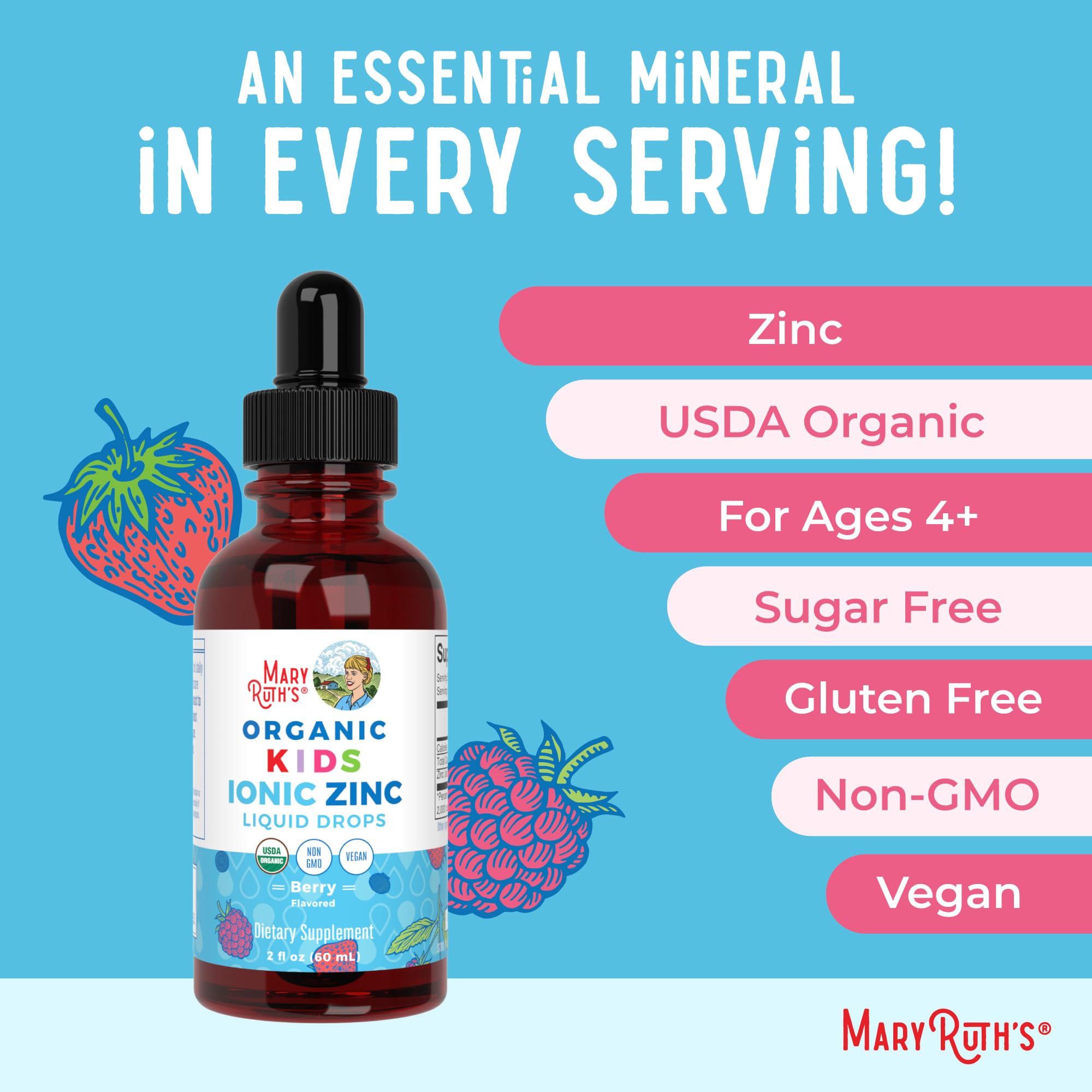 MaryRuth's USDA Organic Kids Ionic Zinc Liquid Drops, Berry, 2 oz
