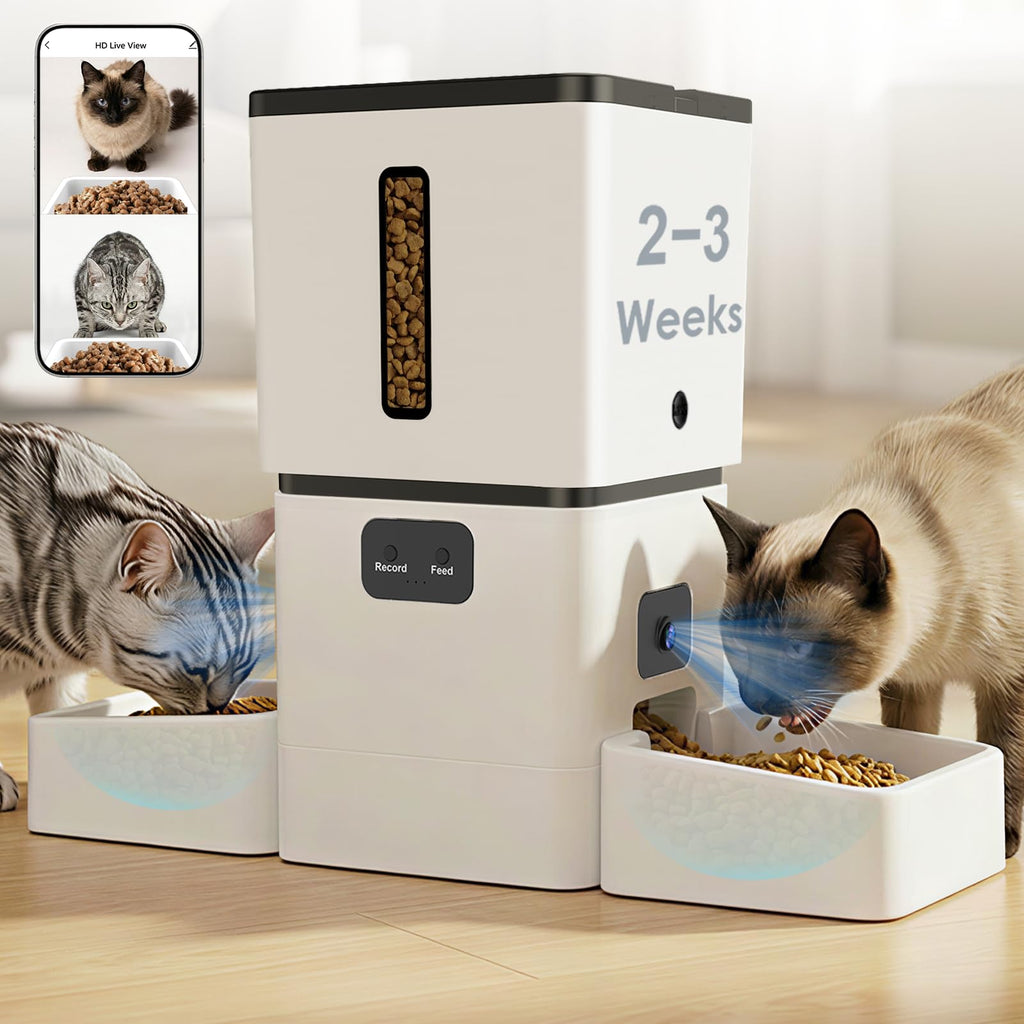 Yakry Automatic Cat Feeder for 2 Cats with Dual Bowls & Two HD Cameras
