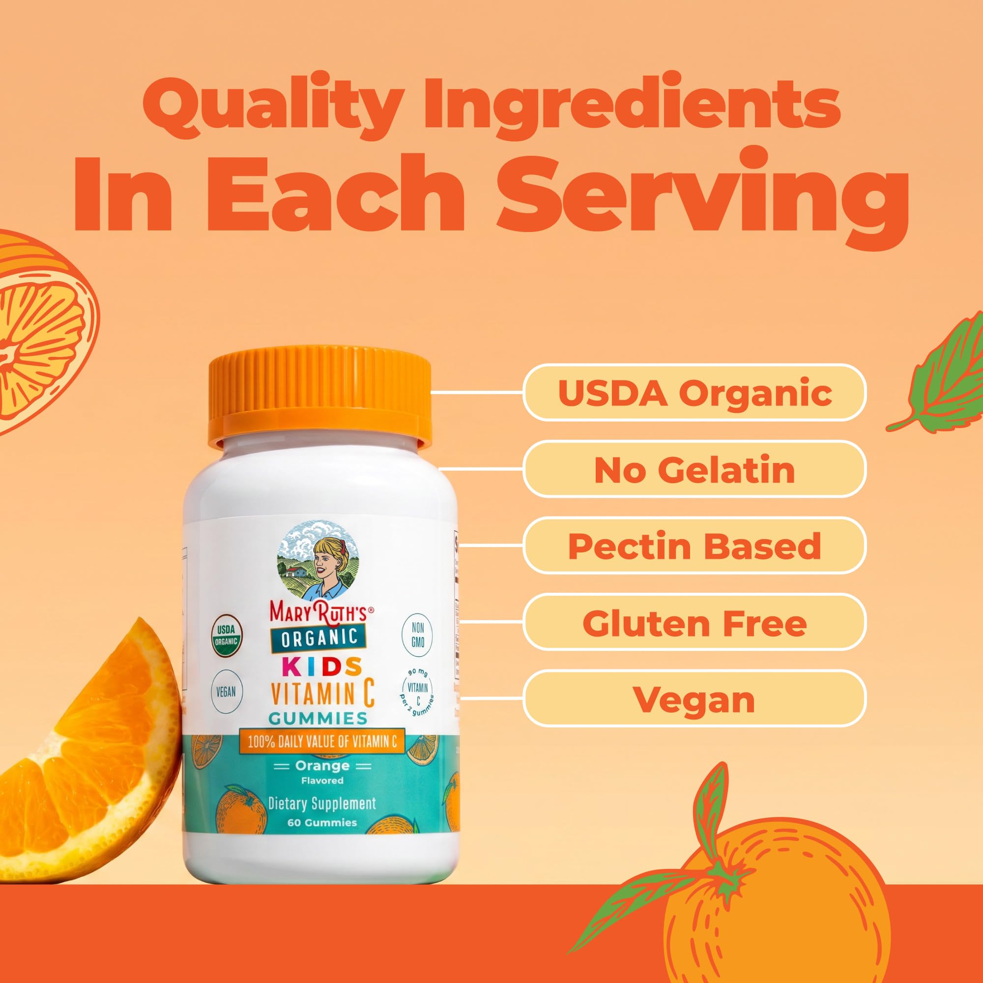 MARYRUTH'S Kids Vitamin C Gummies, 60 Servings, Immune Support Supplement