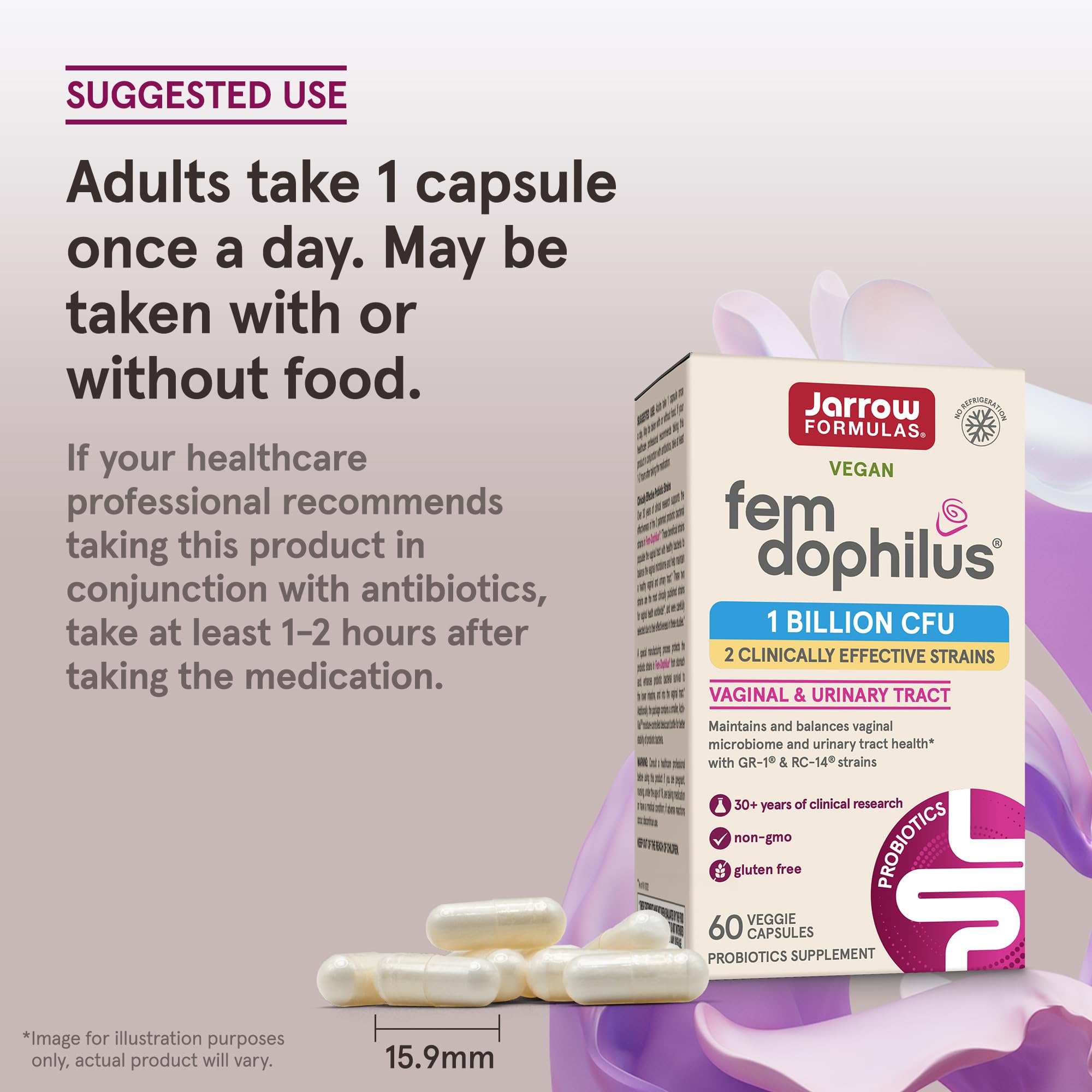 Jarrow Formulas Fem-Dophilus Vaginal Probiotics 1 Billion CFU With 2 Science-Backed Strains, Dietary Supplement For Vaginal & Urinary Tract Support, 60 Capsules, 60 Day Supply, Shelf-Stable Probiotics