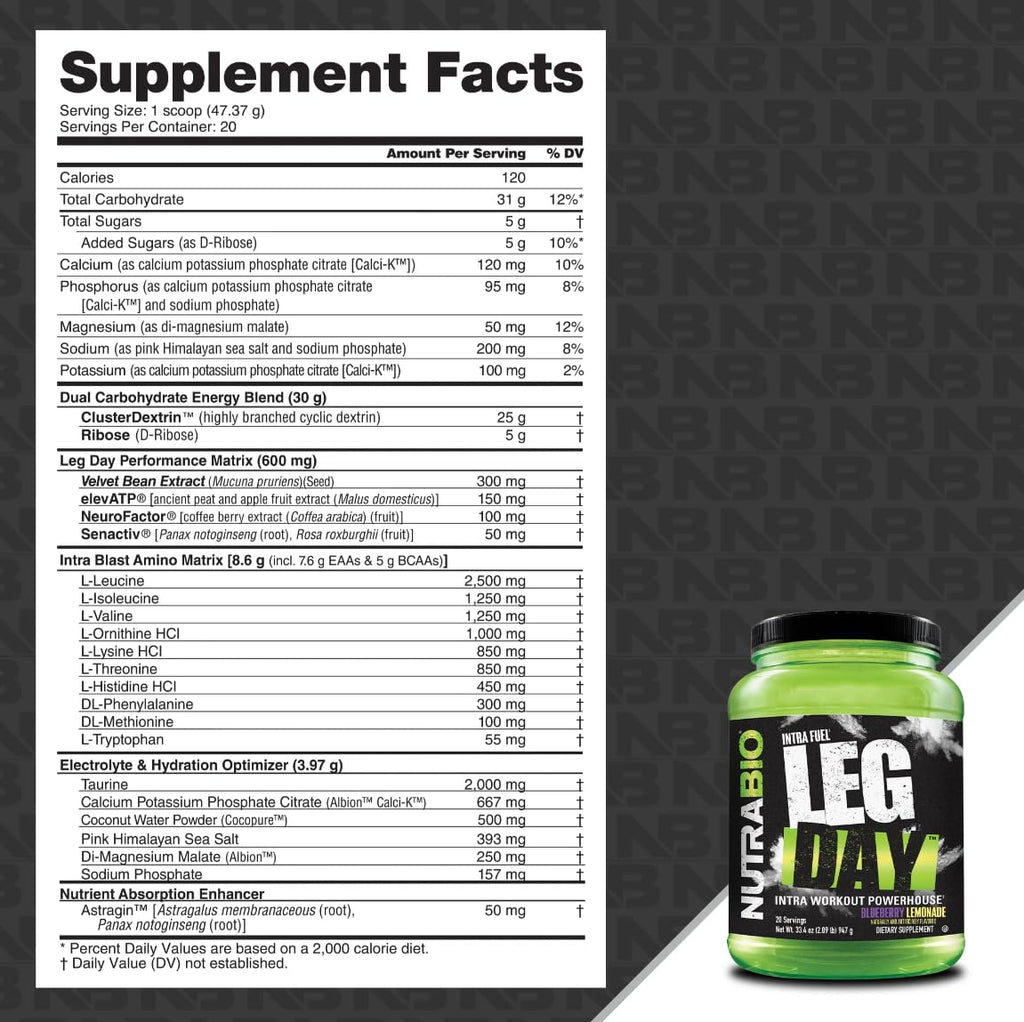 NutraBio Leg Day Intra Workout Powder – Advanced Carb Supplement with Cluster Dextrin & Electrolytes – Carb Powder with EAAs/BCAAs – Cyclic Dextrin for Performance – Blueberry Lemonade, 20 Servings