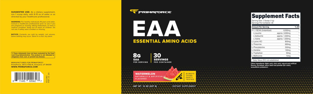Primaforce EAA Powder (30 Servings) | Essential Amino Acids for Pre/Intra Workout and Recovery - Non-GMO and Gluten Free (Watermelon)