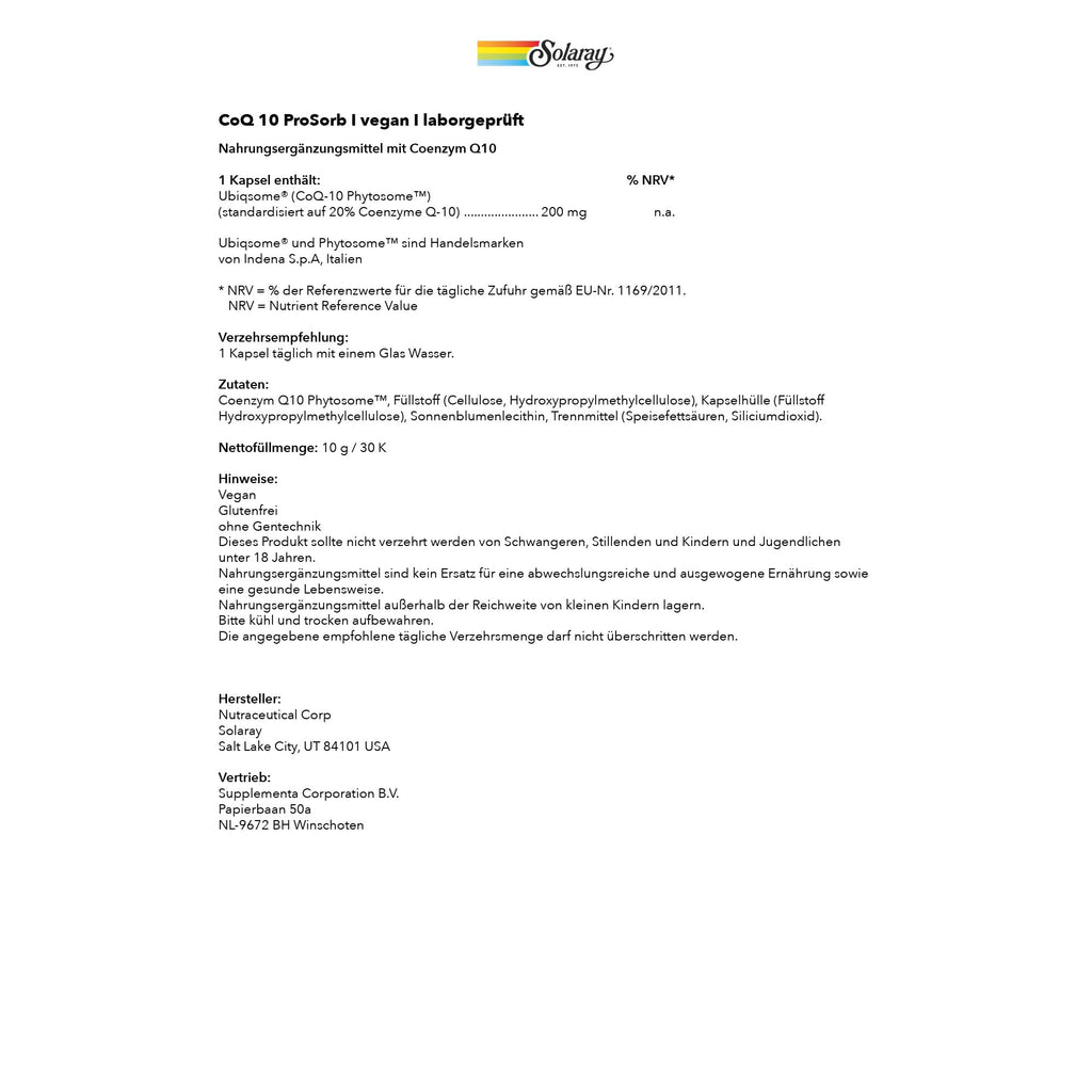 SOLARAY CoQ10 Phytosome 200 mg 9X Absorption, 30 VegCaps