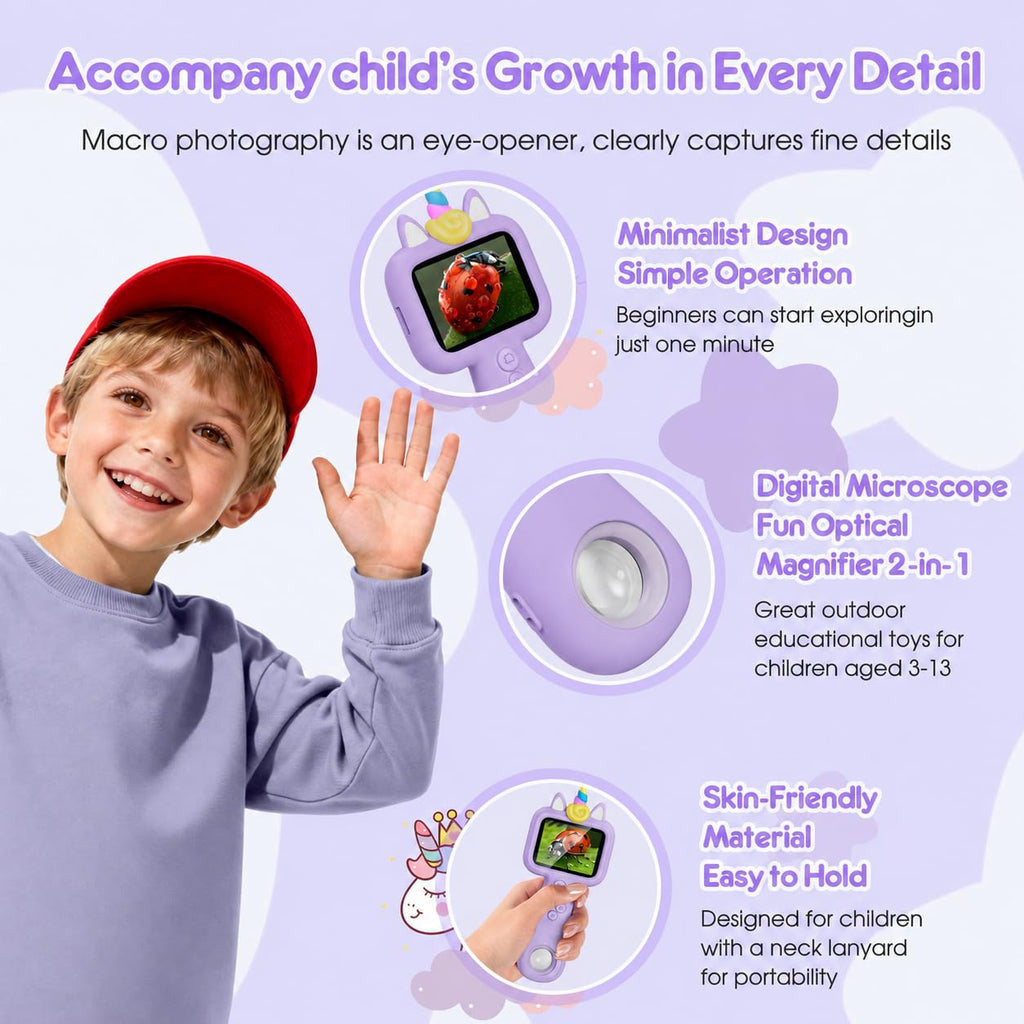 Vivid Glass 2.4" Screen Kids Microscope, 4K Handheld Digital Microscope