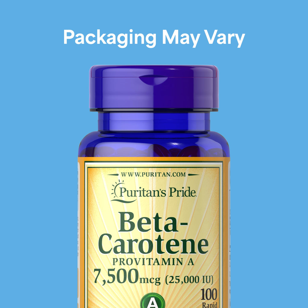 Puritan's Pride Beta Carotene Provitamin A 7,500mcg (25,000 IU), Vitamin Supplement for Immune System, Antioxidant and Eye Health Support, 100 Day Supply, 100 Rapid Release Softgels