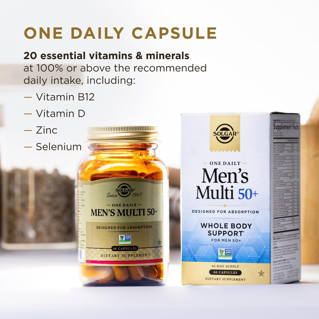 Solgar One Daily Men's Multi 50+ Whole Body Support for Men 50 and Older Highly Absorbable Delayed Release Heart, Energy, Stress, Muscle, Bone, Prostate Support Vitamin 60 Vegan Capsules, 60 Servings