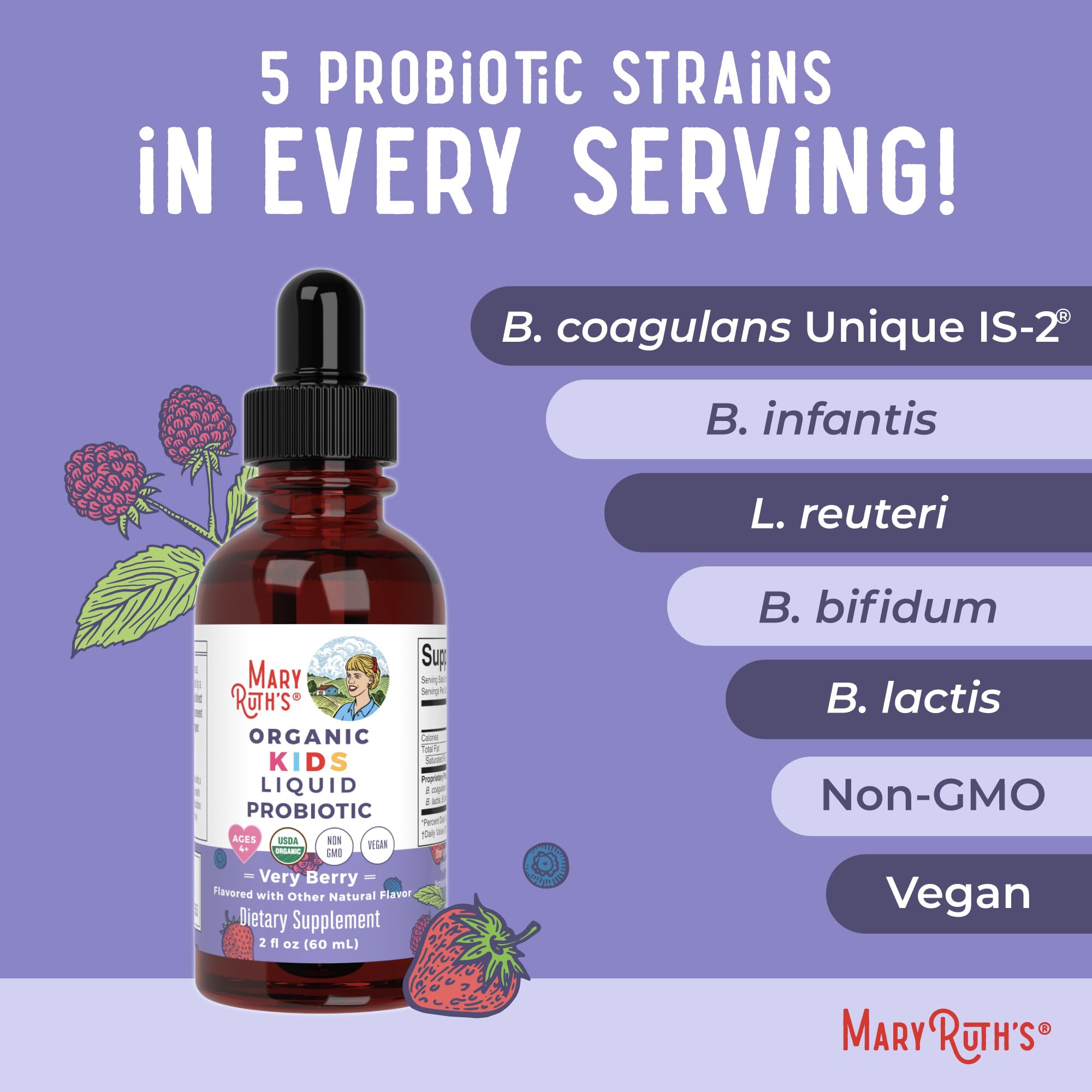 MARYRUTH'S USDA Organic Kids Liquid Probiotic, Very Berry, 2 oz