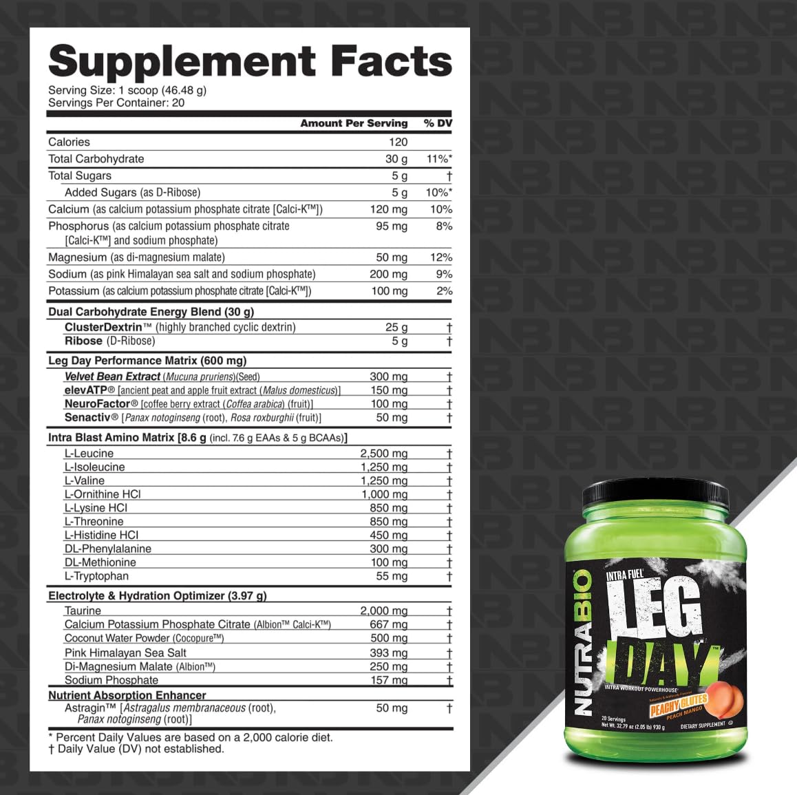 NutraBio Leg Day Intra Workout Powder - Advanced Carb Supplement with Cluster Dextrin & Electrolytes - Carb Powder with EAAs/BCAAs - Cyclic Dextrin for Performance - Peach Mango - 20 Servings