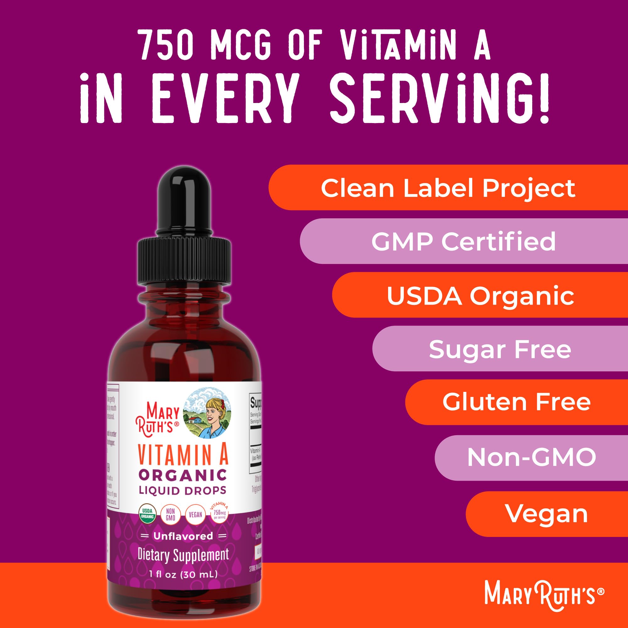 MARYRUTH'S Organics USDA Organic Vitamin A Liquid Drops, 1 oz, Sugar Free