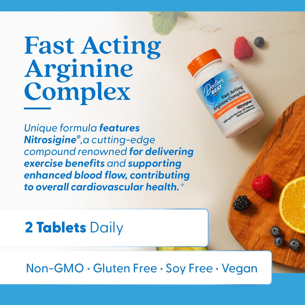 Doctor's Best Fast Acting Arginine Complex - L Arginine Supplements for Men & Women, Helps Nitric Oxide Level, Blood Flow & Cardiovascular Health Support, 1500 mg Per Serving, Vegan - 60 Tablets
