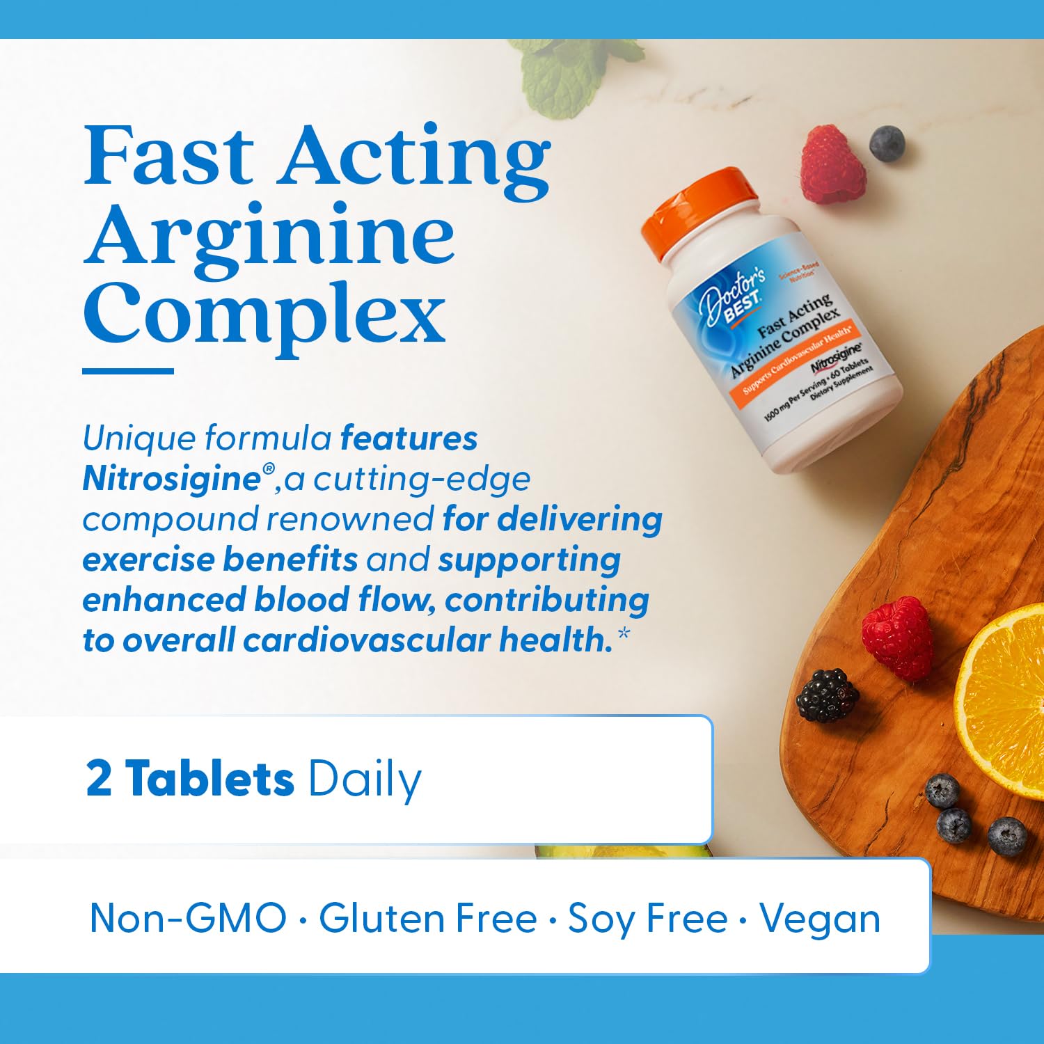 Doctor's Best Fast Acting Arginine Complex - L Arginine Supplements for Men & Women, Helps Nitric Oxide Level, Blood Flow & Cardiovascular Health Support, 1500 mg Per Serving, Vegan - 60 Tablets