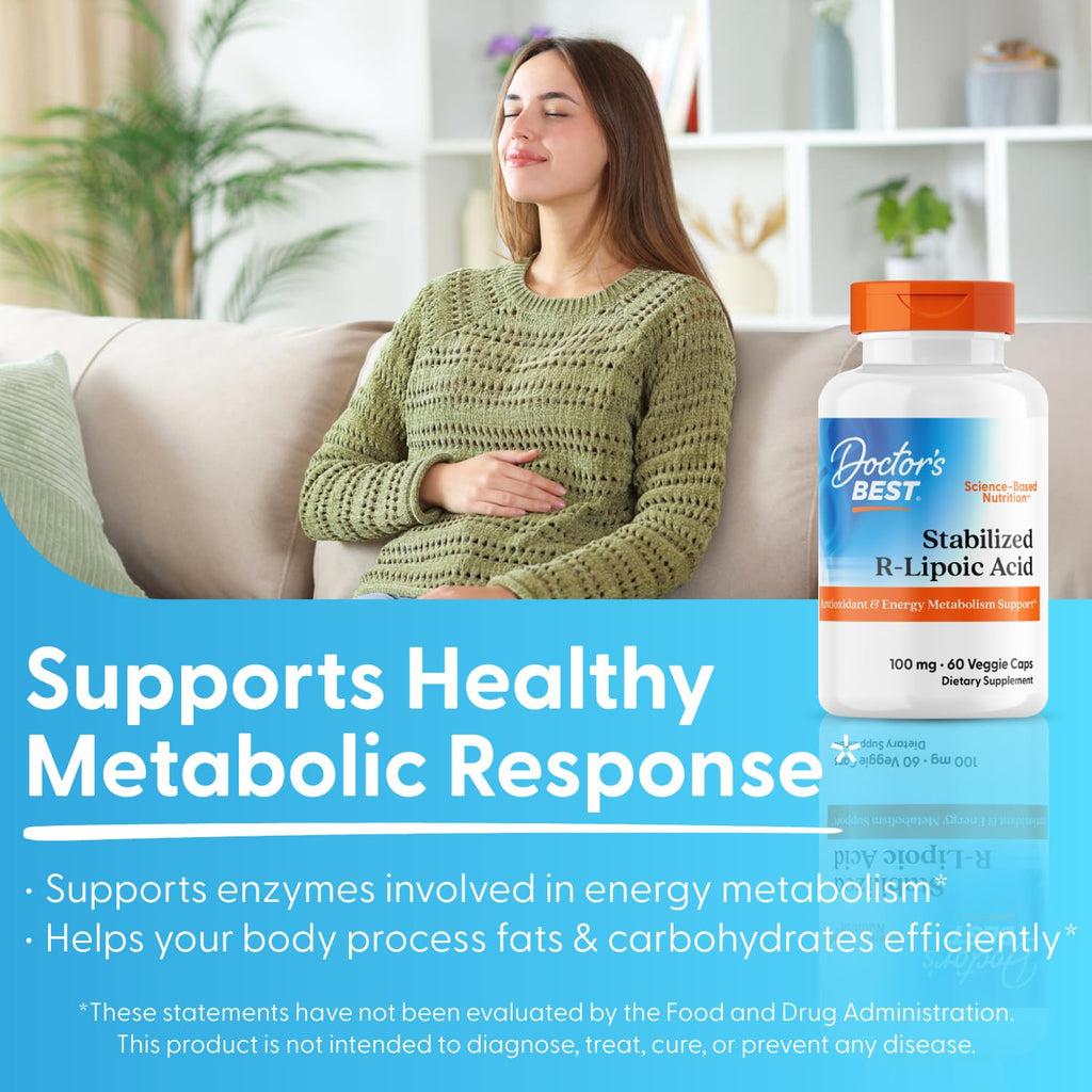 Doctor's BEST Stabilized R-Lipoic Acid Supplement 100 mg - R-Alpha Lipoic Acid Capsules for Men & Women, Formula with D-Biotin, Antioxidant & Metabolic Response Support, Vegan - 60 Veg Caps