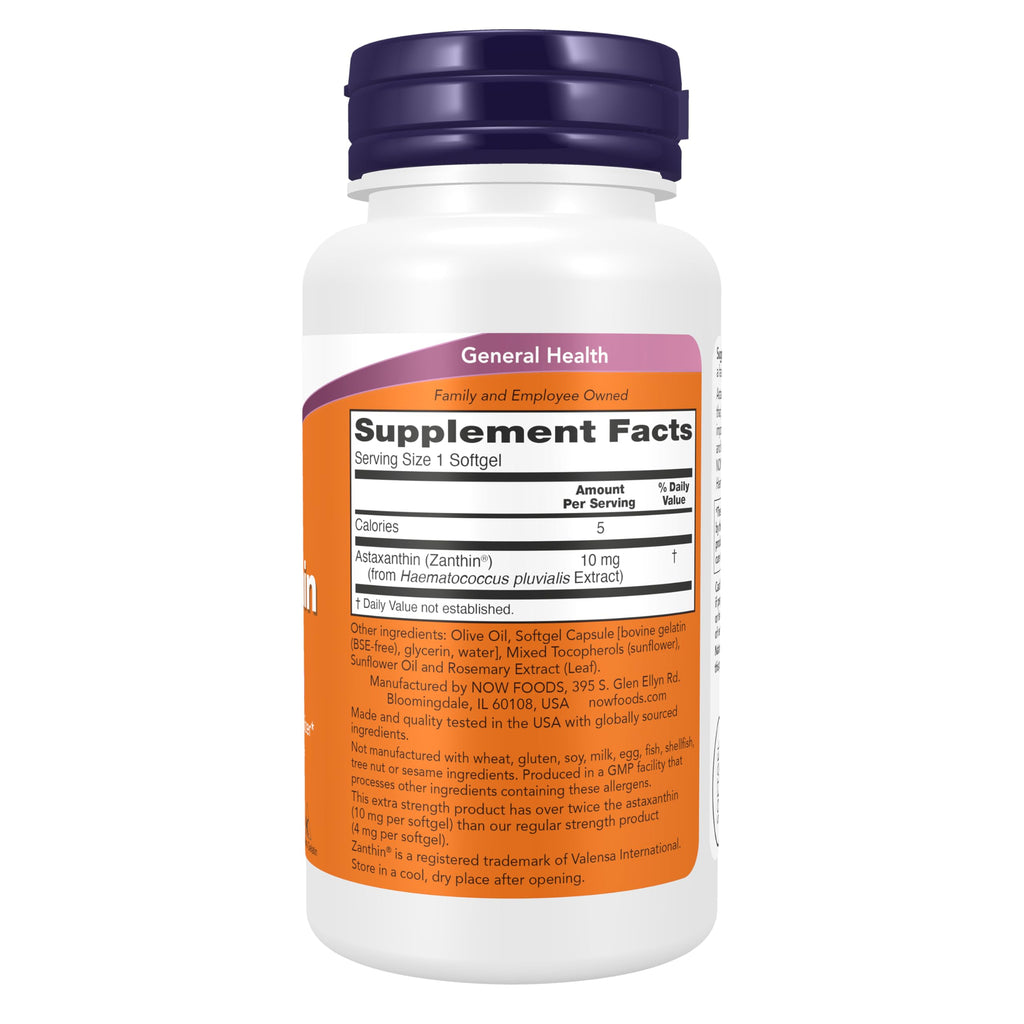 NOW Foods Supplements, Astaxanthin 10mg, Extra Strength,derived from Non-GMO Haematococcus Pluvialis Microalgae and has naturally occurring Lutein, Canthaxanthin and Beta-Carotene, 60 Softgels