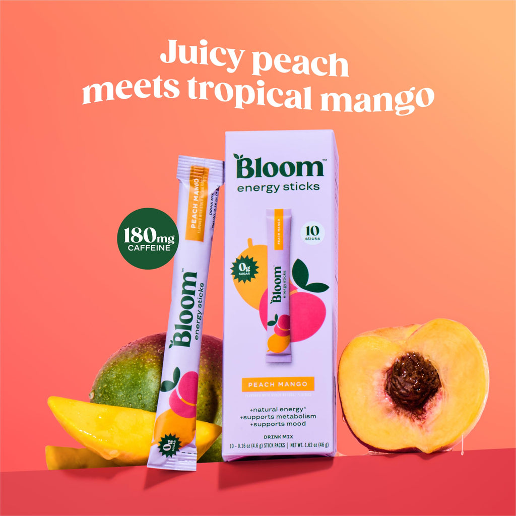 Bloom Nutrition Energy Drink Powder Packets, Sugar Free Energy Drink Mix with L-Theanine, B Vitamins & Natural Caffeine, On the Go Powder Sticks for Natural Energy, 10 Calories (10 Pouches (Pack of 1), Peach Mango)