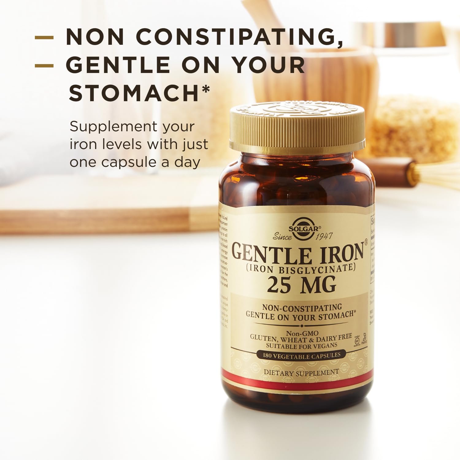 Solgar Gentle Iron 25mg, 90 Vegetable Capsules - Energy, Normal Red Blood Cell Production - Gentle on the Stomach - Non-GMO, Vegan, Gluten Free, Dairy Free, Kosher - 90 Servings