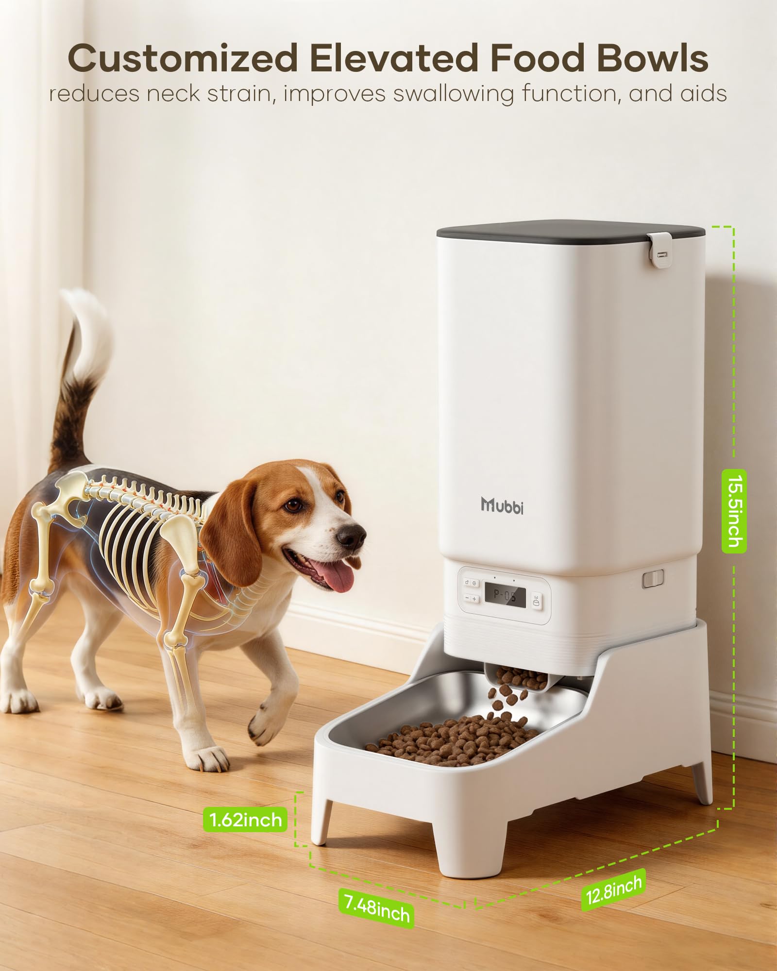 MUBBI Automatic Dog Feeder with Elevated Stand - 7L Cat Food Dispenser with Large Food Tray, Timed Auto Cat Feeder for Dry Food, 6 Meals Per Day, No-Jam, Freshness Design, Detachable for Easy Clean