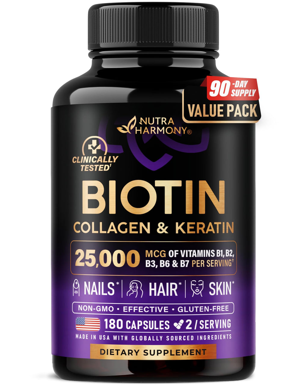 Biotin | Collagen | Hyaluronic Acid | Keratin - Support Normal Hair Growth Cycle, Skin & Nails - Clinically Tested - 25000mcg Vitamins B1, B2, B3, B6 & B7 - for Women & Men - 180 Capsules