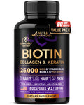 Biotin | Collagen | Hyaluronic Acid | Keratin - Support Normal Hair Growth Cycle, Skin & Nails - Clinically Tested - 25000mcg Vitamins B1, B2, B3, B6 & B7 - for Women & Men - 180 Capsules