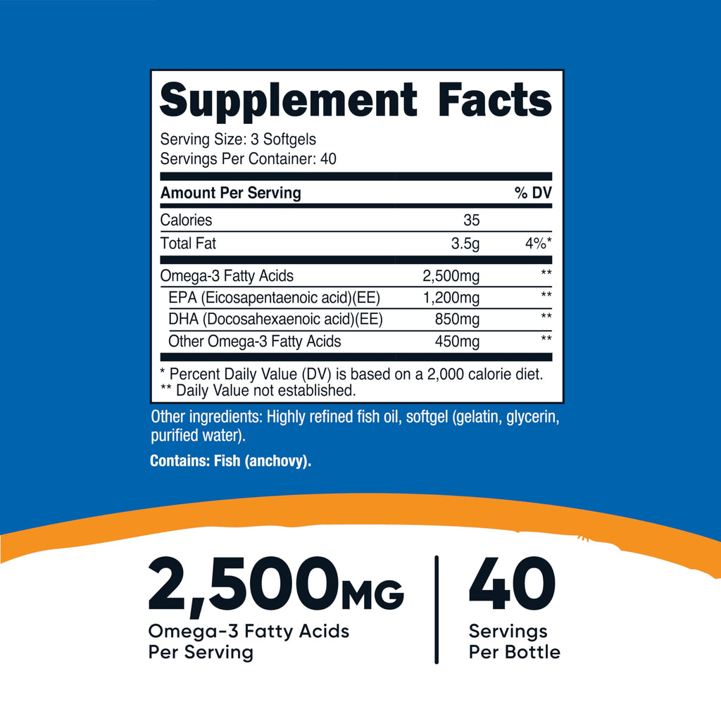 Nutricost Omega 3 Fish Oil - 2500MG, 120 Softgels (40 Serv) - Fish Oil, Wild Caught! 1200mg EPA 850mg DHA - Non-GMO, Gluten Free (Pack of 2)