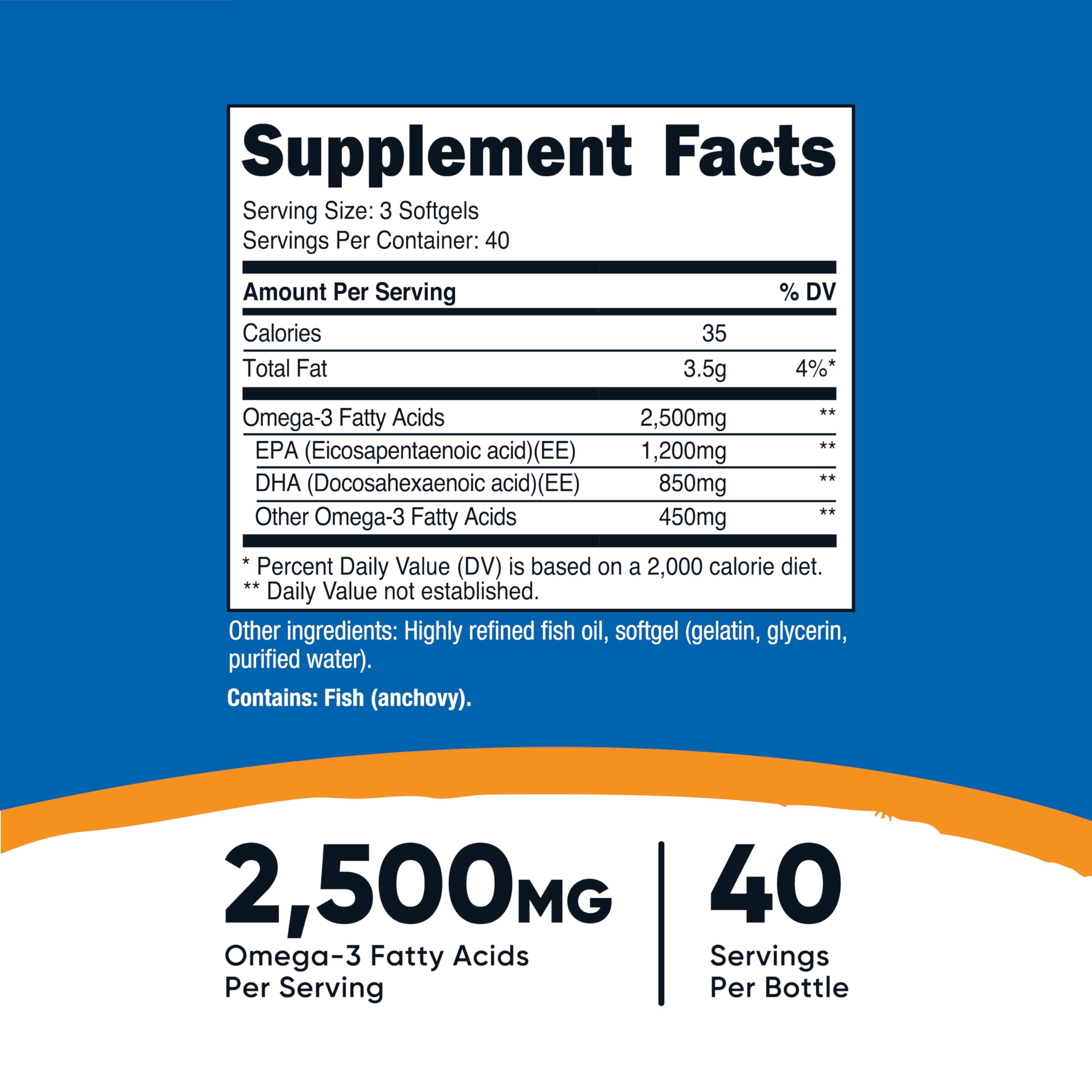 Nutricost Omega 3 Fish Oil - 2500MG, 120 Softgels (40 Serv) - Fish Oil, Wild Caught! 1200mg EPA 850mg DHA - Non-GMO, Gluten Free (Pack of 2)