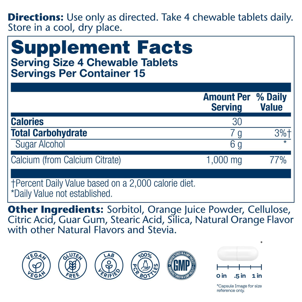 SOLARAY Calcium Citrate 1000 mg, Orange Flavor, 60 Chewables