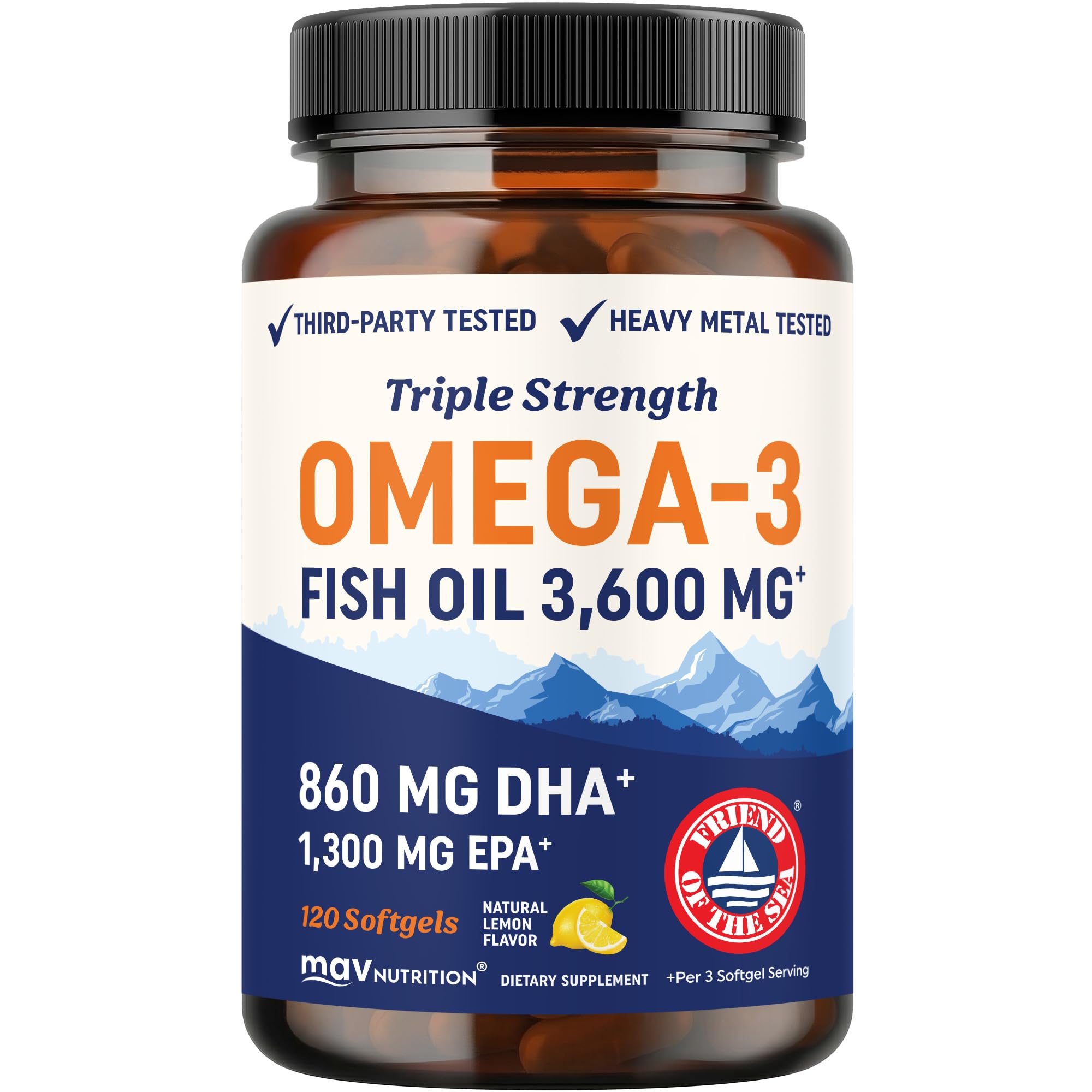 Triple Strength DHA Omega-3 Fish Oil 3600 mg | Over 2100mg Omega-3 Fatty Acids with 860 mg of DHA | 1300mg EPA | Best Essential Fatty Acids | Premium Wild Caught & Burpless Fish Oil | 120 Softgels