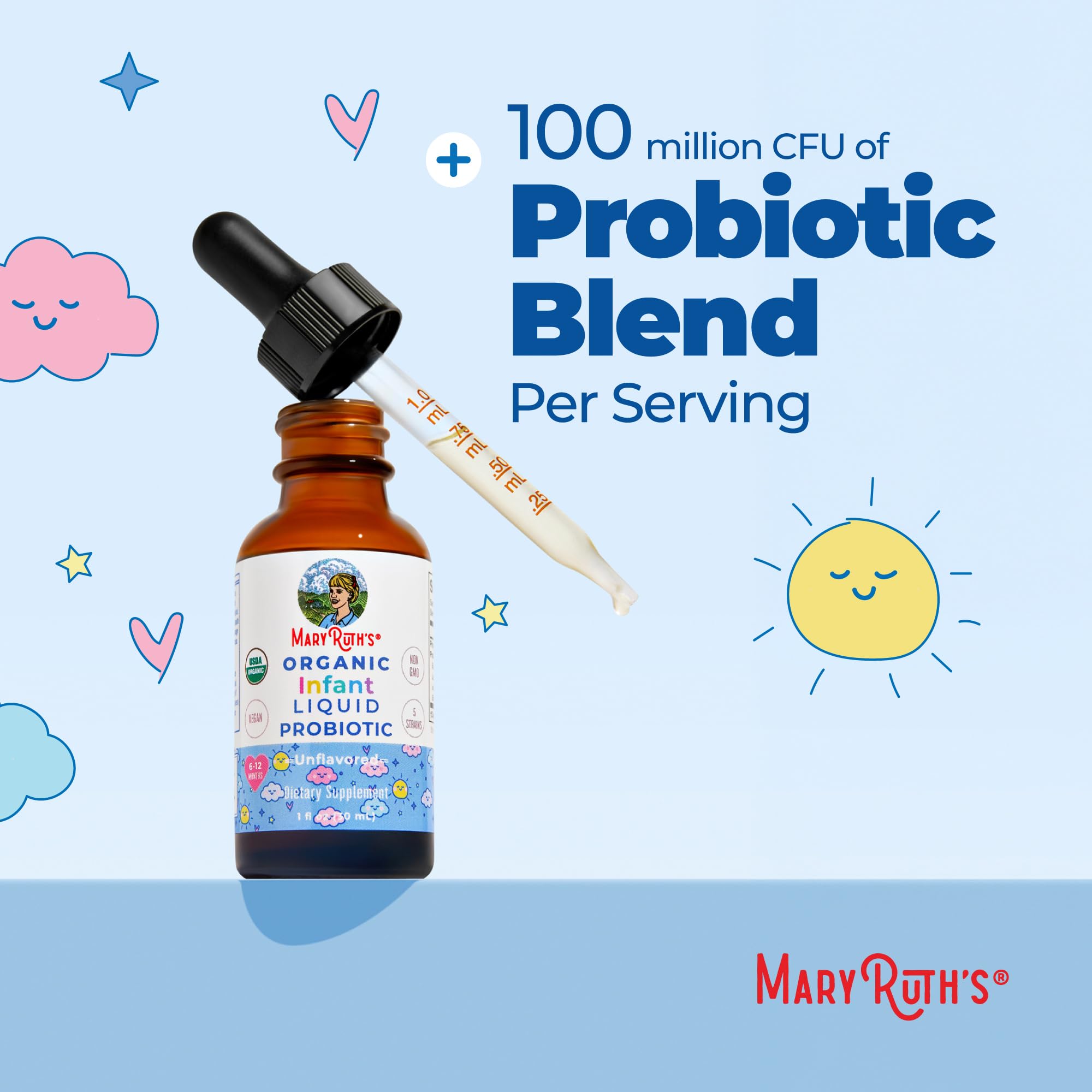 MARYRUTH'S Organic Infant Liquid Probiotic for Ages 6-12 Months, Vegan, 1oz