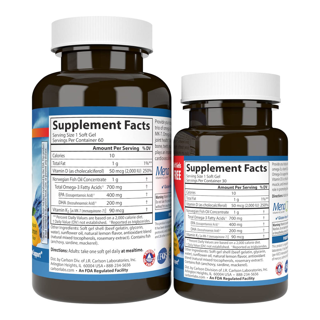 Carlson Elite Omega-3 Plus D & K, 700 mg, Omega-3s, Lemon, 60 + 30 Softgels