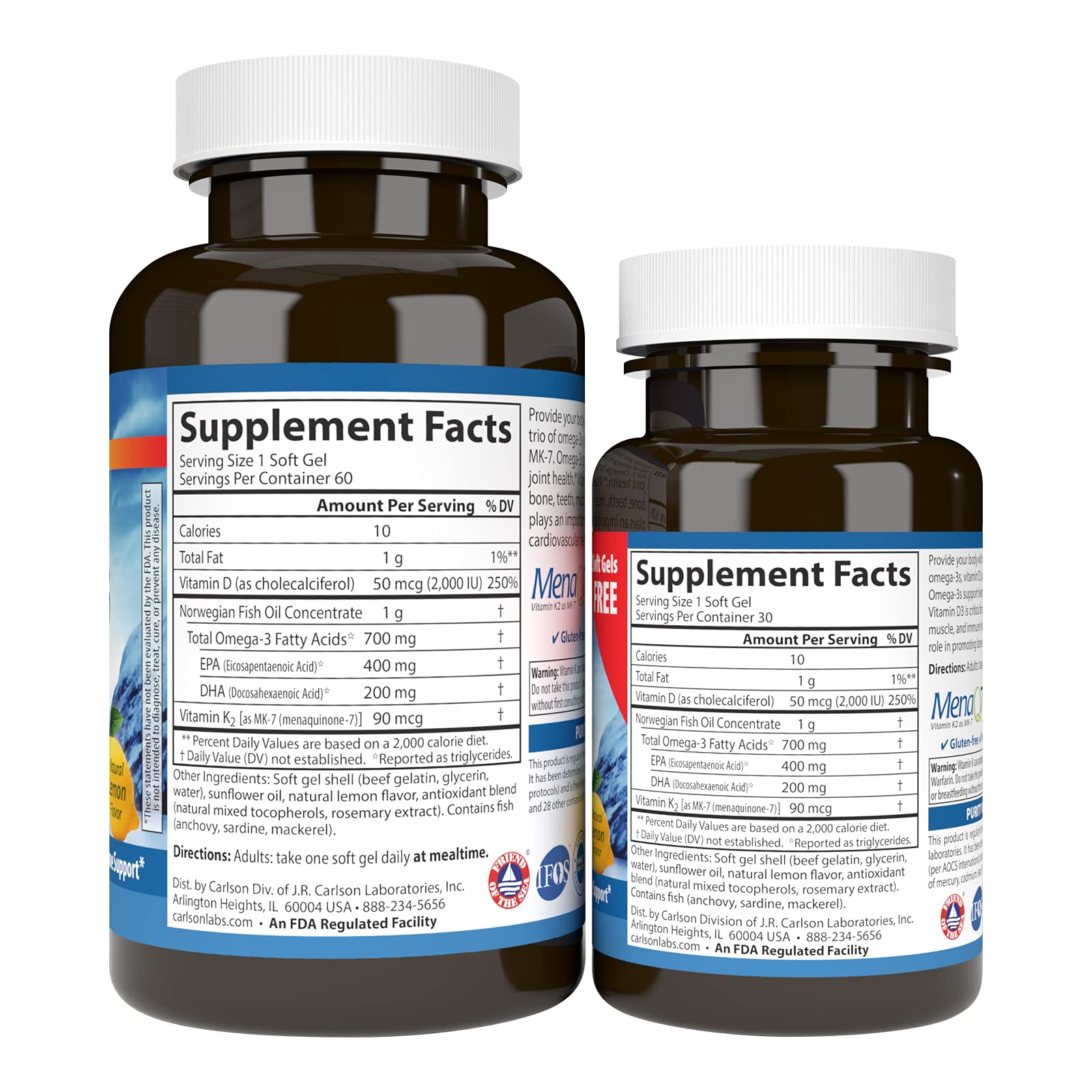 Carlson Elite Omega-3 Plus D & K, 700 mg, Omega-3s, Lemon, 60 + 30 Softgels