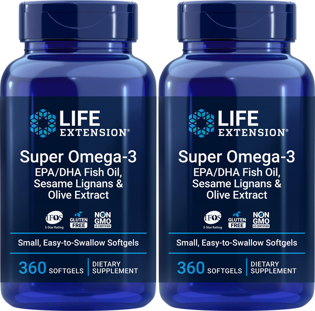 Life Extension Super Omega-3 360 Softgels (Pack of 2), Easy to Swallow, EPA/DHA Omega3 Fish Oil, Sesame Lignans & Olive Extract