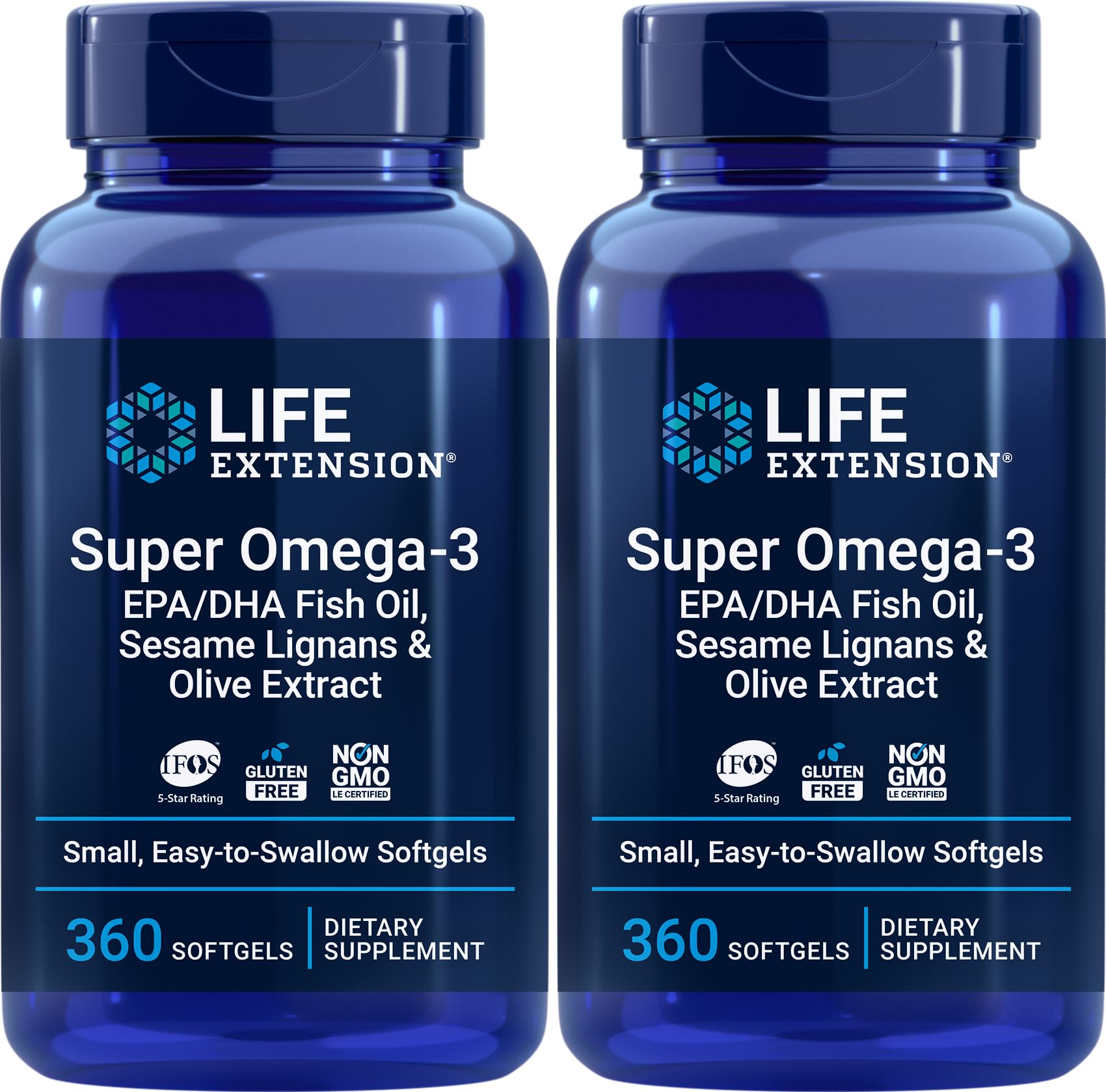 Life Extension Super Omega-3 360 Softgels (Pack of 2), Easy to Swallow, EPA/DHA Omega3 Fish Oil, Sesame Lignans & Olive Extract